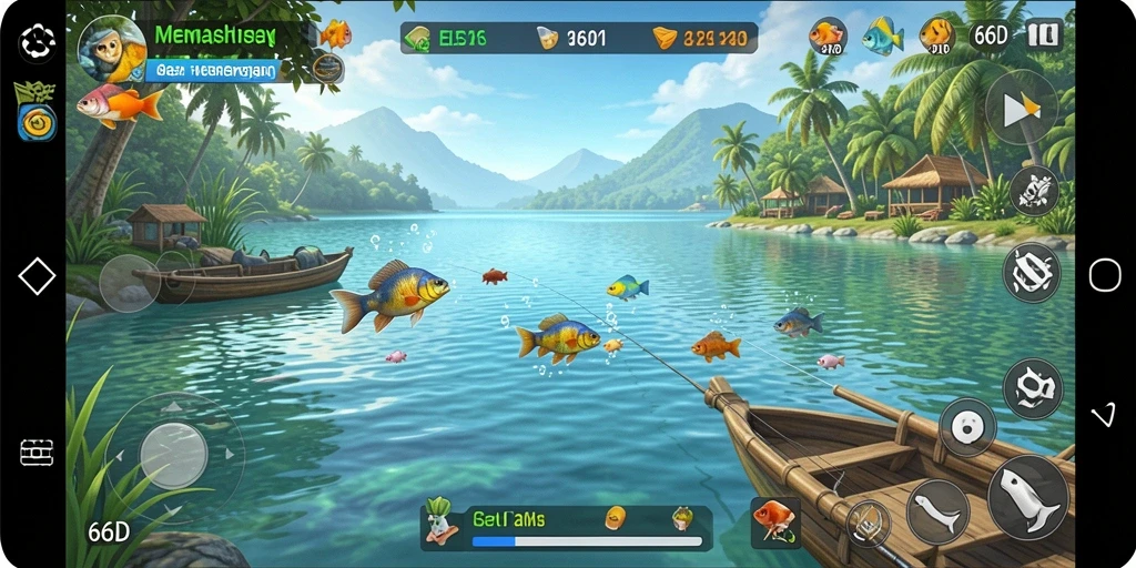 Screenshot gameplay 66D menunjukkan pemain dalam aksi memancing yang seru.