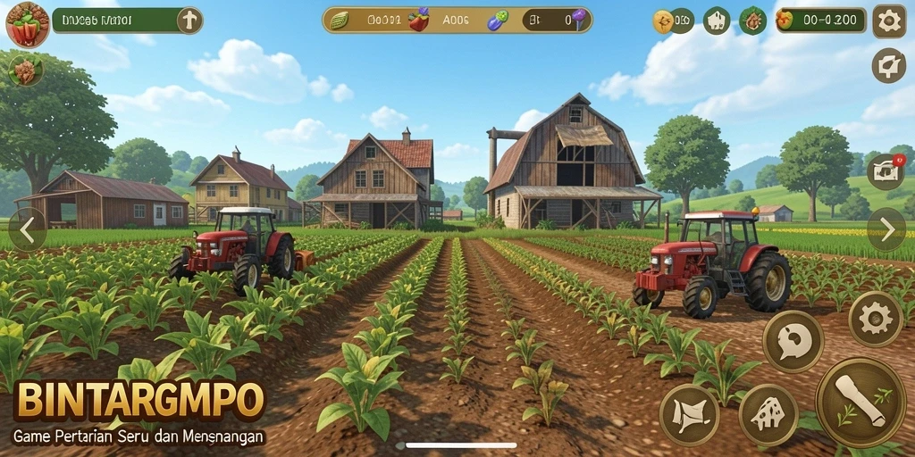 Screenshot BINTANGMPO menampilkan kebun yang subur dan berwarna-warni.