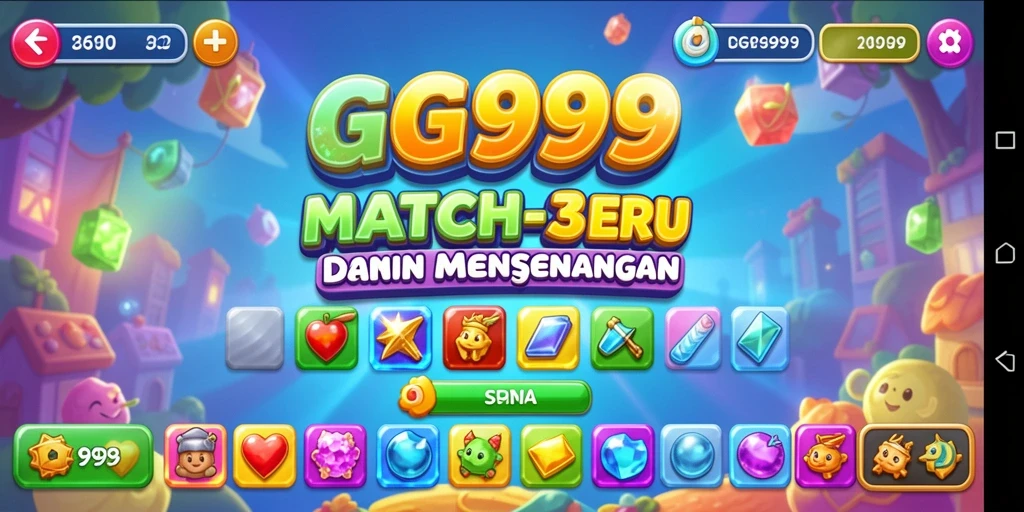 Tampilan gameplay GG999 dengan level Match-3 yang penuh warna.