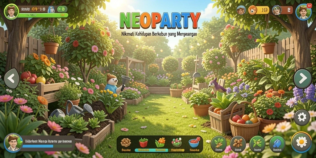 Screenshot NEOPARTY menampilkan ladang hijau yang subur dan hewan ternak.