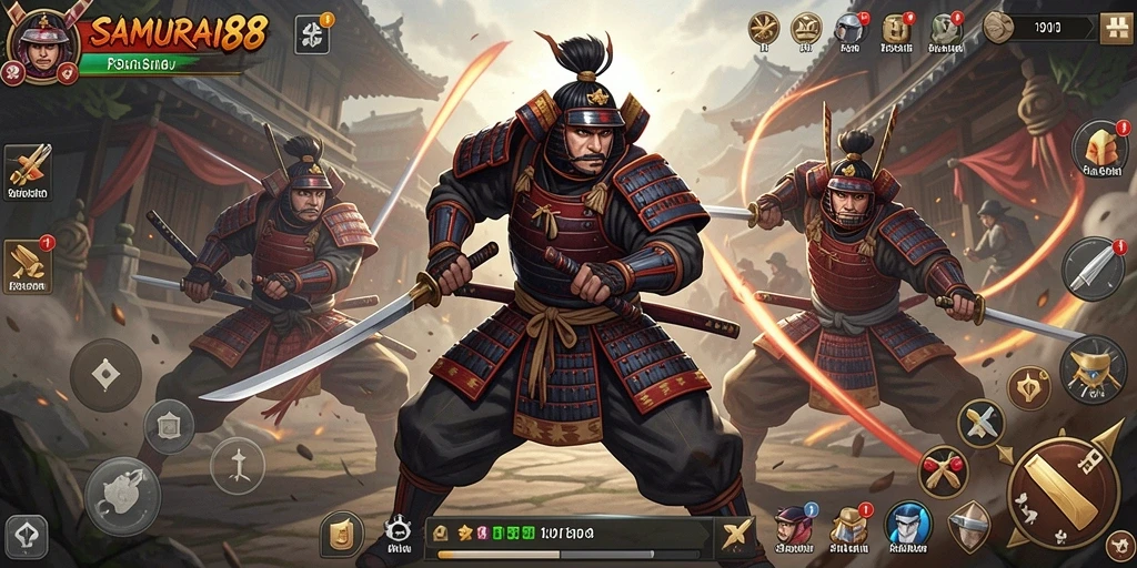 Tampilan gameplay <strong>SAMURAI88</strong> dengan pertarungan samurai yang mendebarkan.