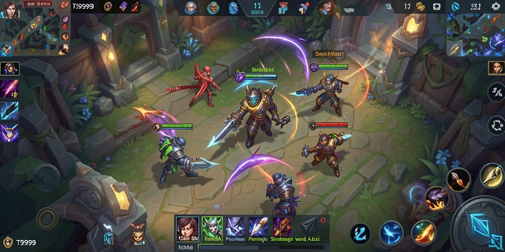 Tangkapan layar menampilkan aksi intens dalam game MOBA T9999.
