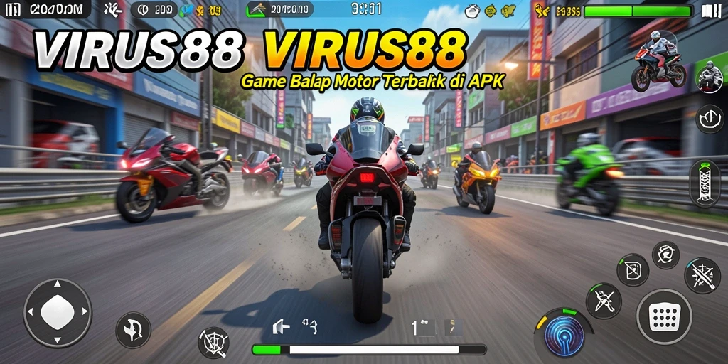 Screenshot menunjukkan aksi balapan motor yang mendebarkan di VIRUS88.